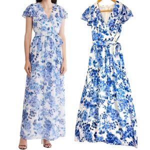 NEW Eliza‎ J Floral Print Faux Wrap Dress Ruffle Sleeve White Blue Size 2